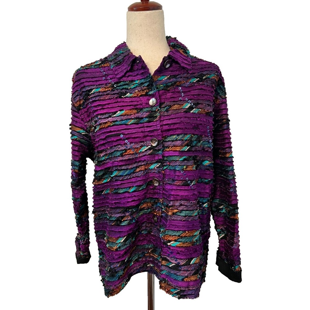 Chicos Design Blazer Jacket Women's M Size 1 100% Silk Appliques Multi Fringe